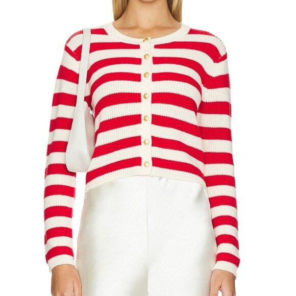 L'Academie by Marianna Valerie Cardigan in Red & Ivory striped knit sweater - Picture 1 of 7
